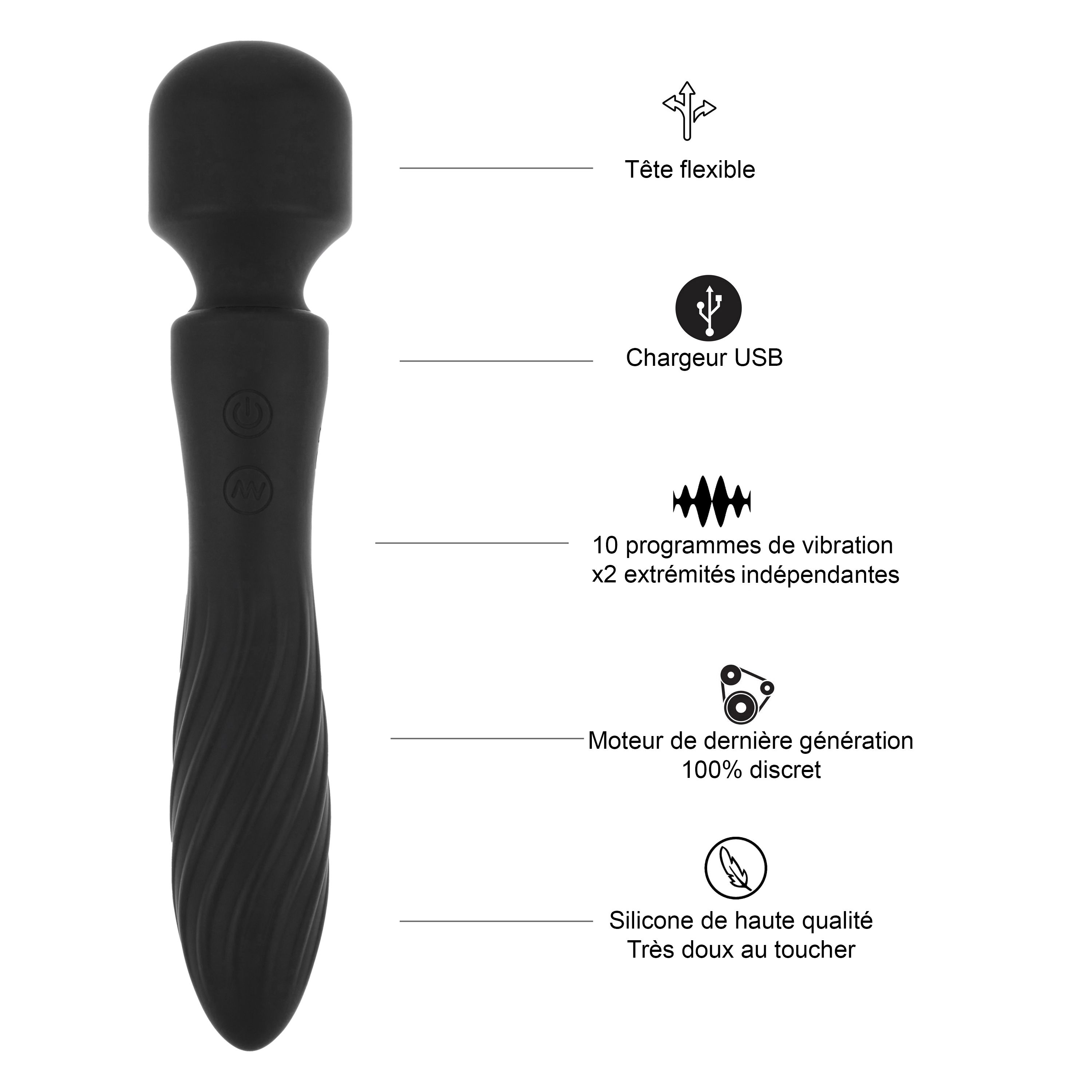 Vibrateur noir avec tête flexible, chargeur USB, 10 programmes de vibration.