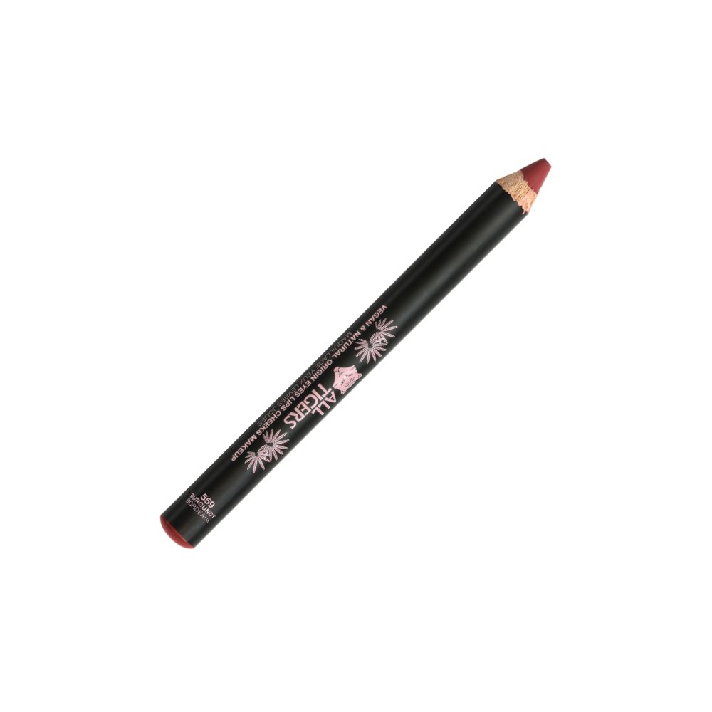 Crayon pour yeux, joues et lèvres. Crayon noir avec pointe rouge. Texte: ALL TIGERS, vegan & naturel.