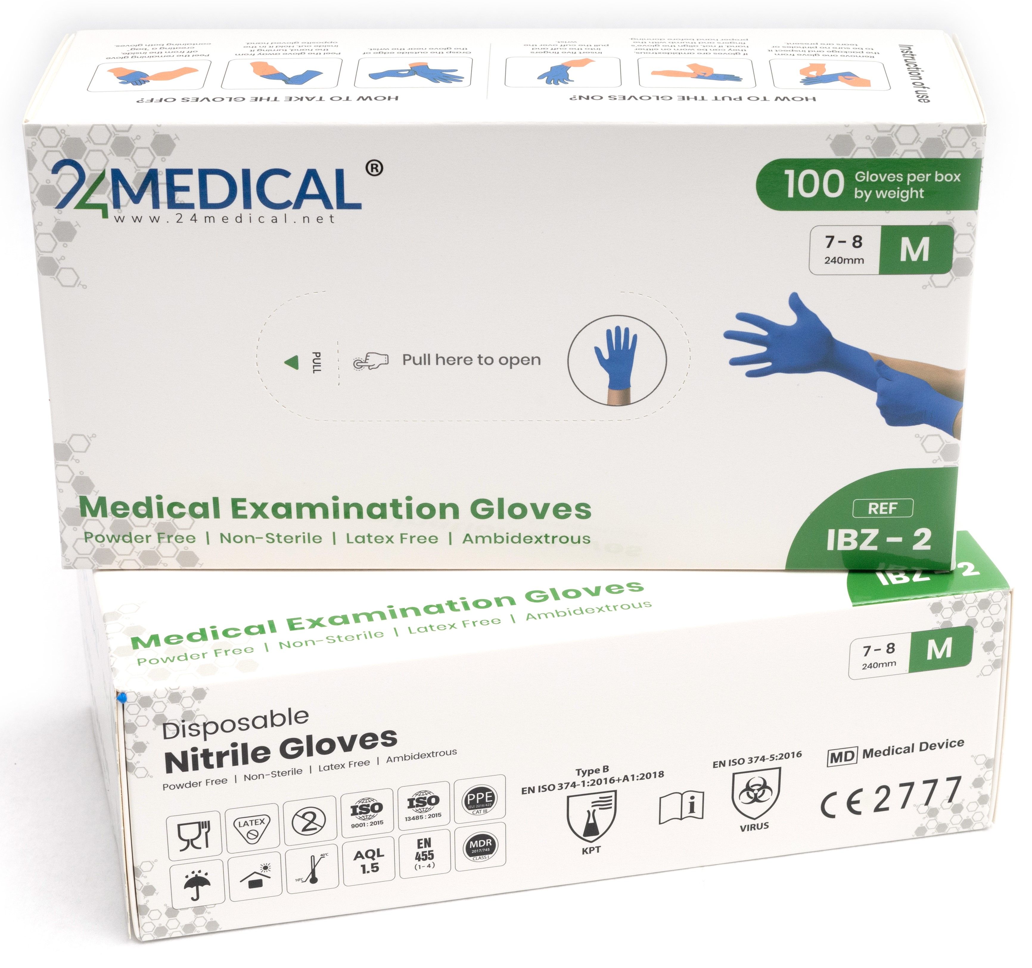 Deux boîtes de gants en nitrile 24medical IBZ-2, sans poudre, taille M. Inscriptions : Medical Examination Gloves, 100 pièces, 7-8, marquage CE.