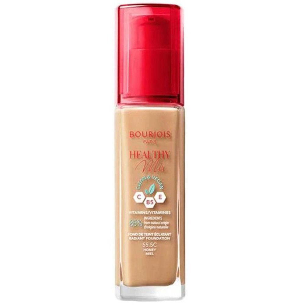 Bourjois Healthy Mix foundationfles. Rode dop. Beige vloeistof. Tekst op etiket.