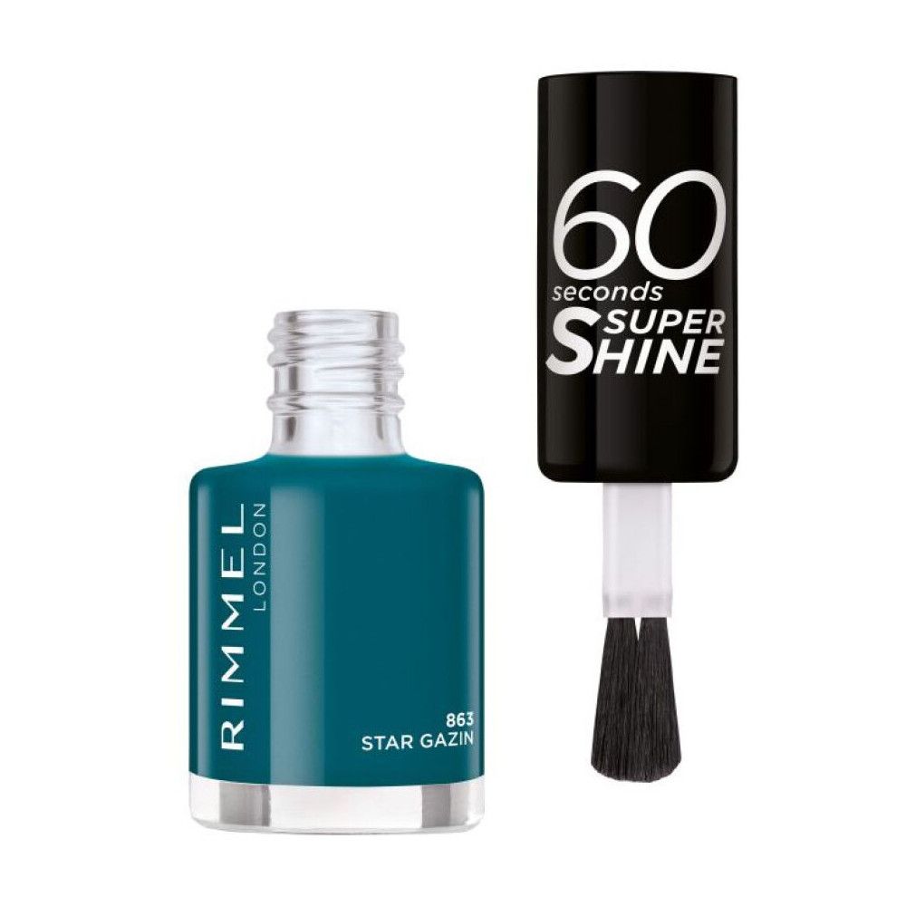 Flacon de vernis à ongles ouvert. Liquide vert foncé. Bouchon noir avec logo "60 seconds super shine". Pinceau visible. Logo "Rimmel London".