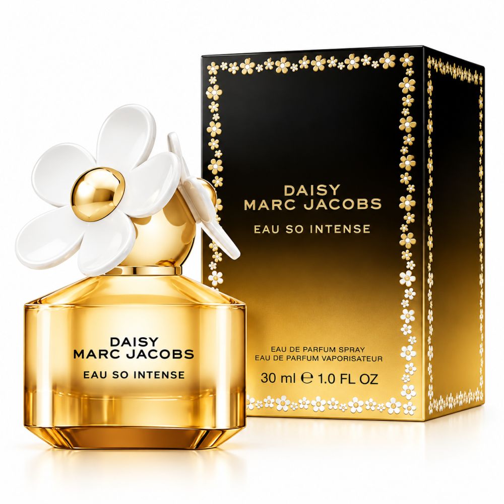 Marc Jacobs Daisy Eau So Intense damesgeur, 30 ml fles met bloemapplicatie en bijpassende doos.