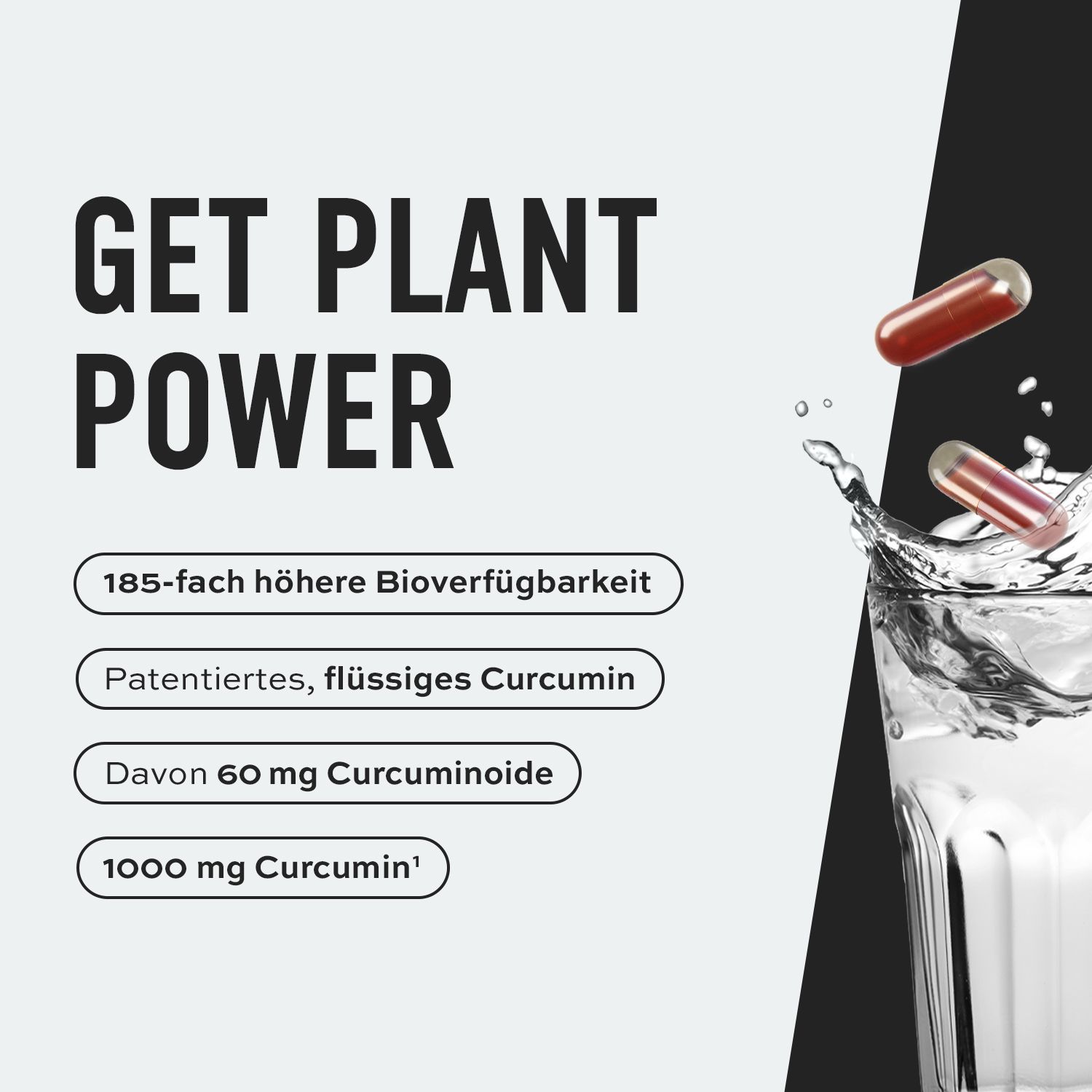 Glas water met capsules. Tekst: 185x hogere biologische beschikbaarheid, vloeibare curcumine, 60 mg curcuminoïden, 1000 mg curcumine.
