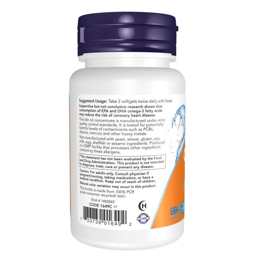 Achterkant Omega-3 fles. Tekst over gebruik en ingrediënten. NOW logo en info.