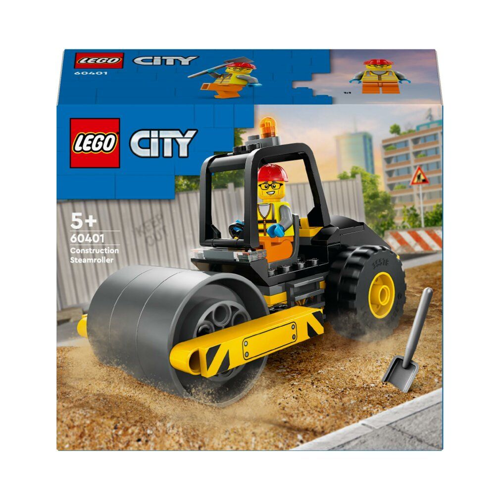LEGO City 60401. Compacteur noir et jaune. Inclut une figurine et une pelle. L'emballage montre le set. Pour enfants de 5 ans et plus.