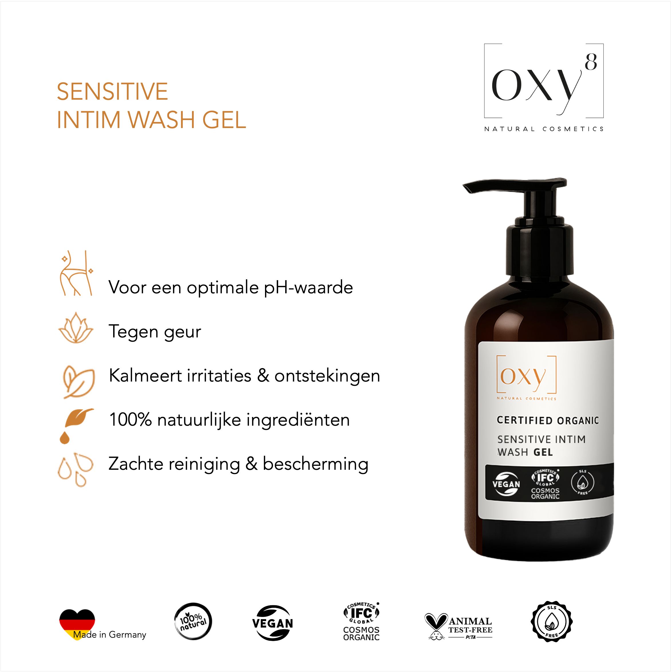 Bruine fles met pomp. Opschrift: SENSITIVE INTIM WASH GEL. Logo's: Vegan, IFC Cosmos Organic, Animal Test Free. Nederlandse tekst.