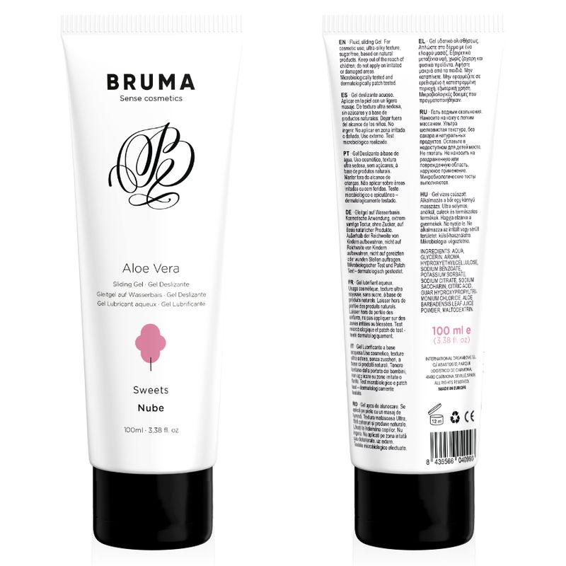 Tube blanc, bouchon noir. Inscription: Bruma, Aloe Vera, goût barbe à papa. Texte et ingrédients au dos.