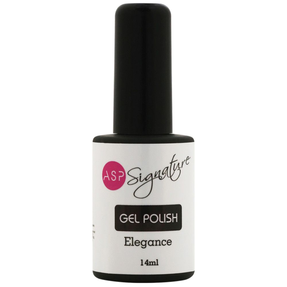 Flacon de vernis à ongles avec bouchon noir. Étiquette avec ASP Signature Gel Polish, Elegance, 14ml.