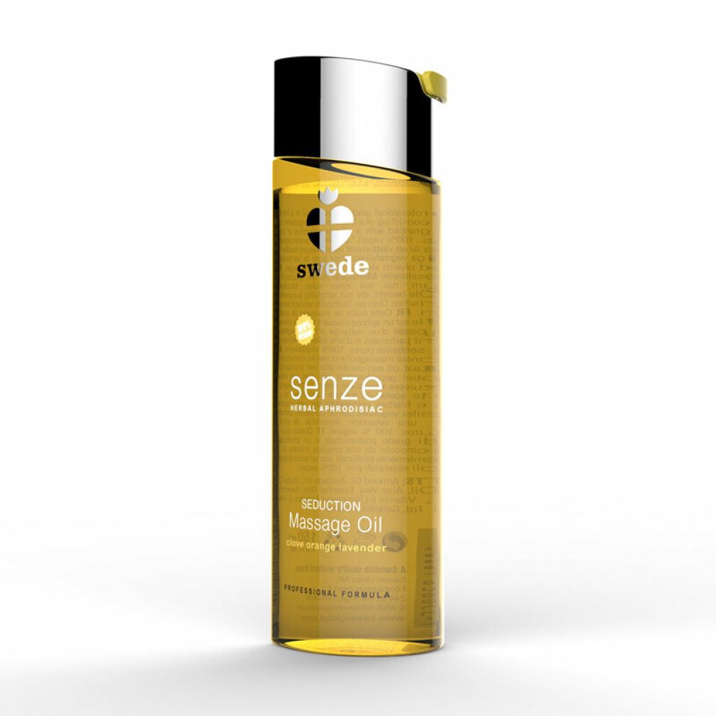 Swede Senze Seduction massageolie in heldere fles met zilveren dop. Gele olie.