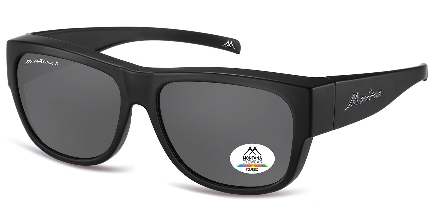 Lunettes de soleil noires. Logo Montana Eyewear et autocollant de polarisation. Monture large, protection latérale.