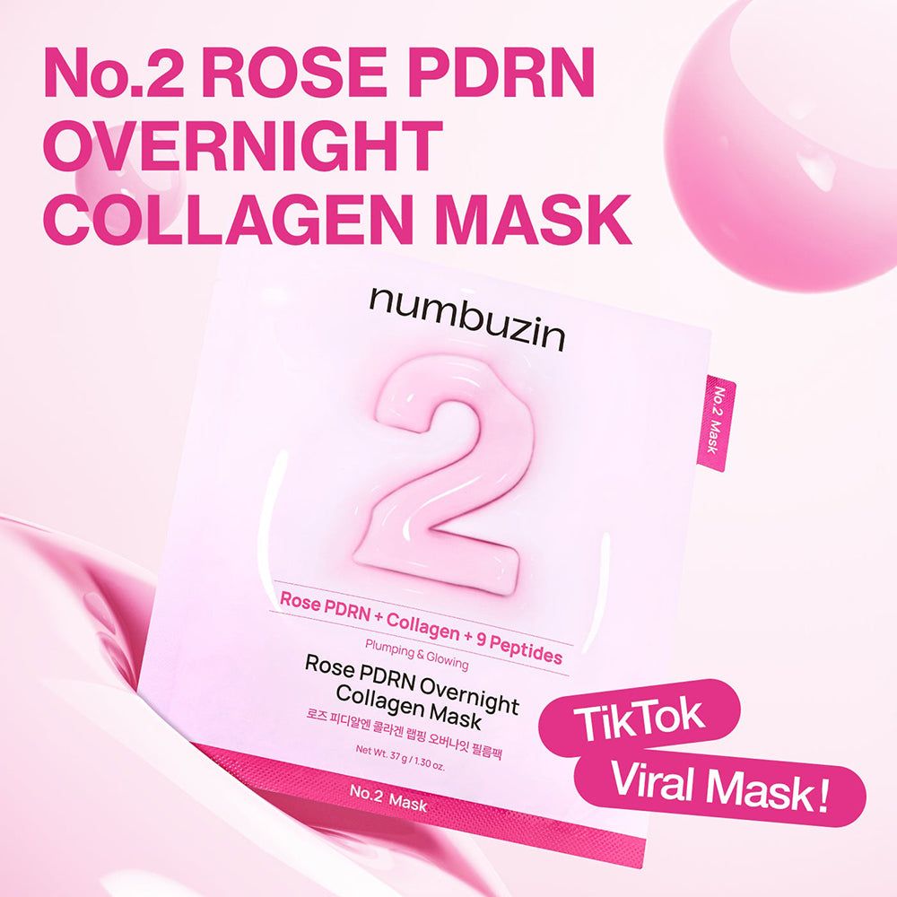 Emballage du masque hydratant collagène nuit Nr.2 Rose PDRN de NUMBUZIN, promu comme masque viral TikTok.