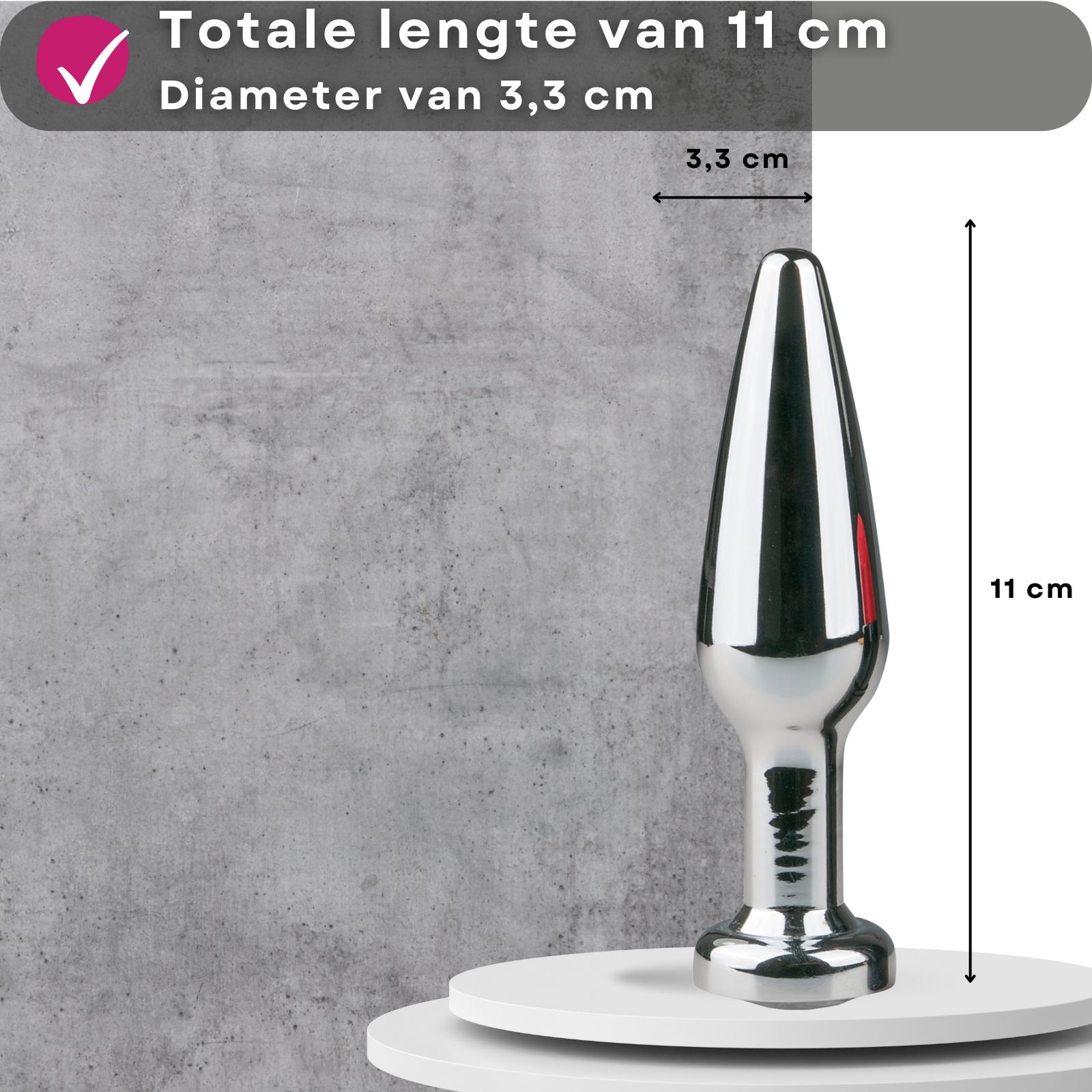 Productafbeelding met tekst. Anale plug met kegel, zilver, 11 cm, van metaal.
