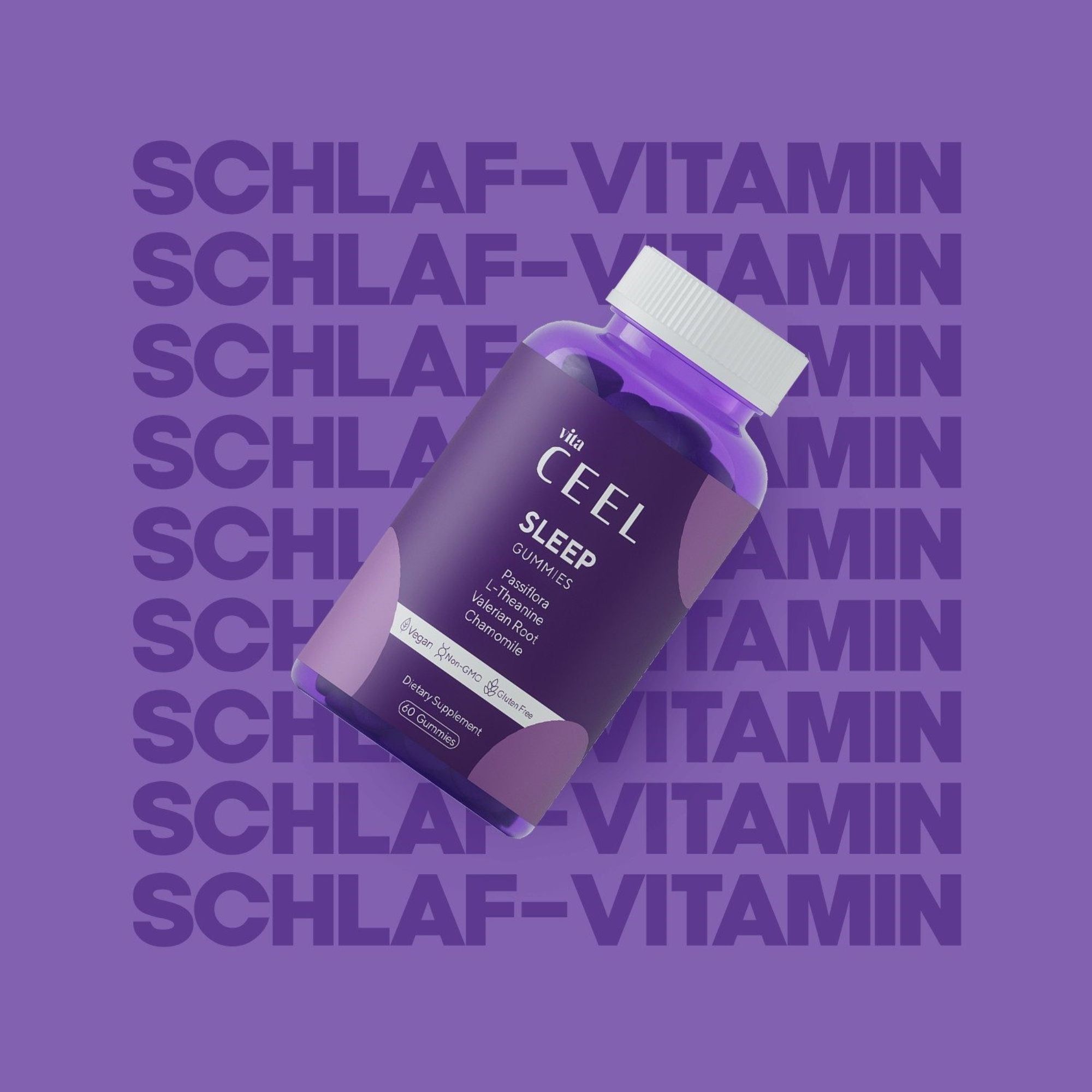 Bouteille de Vita Ceel Sleep Gummies devant un fond violet avec du texte répété.