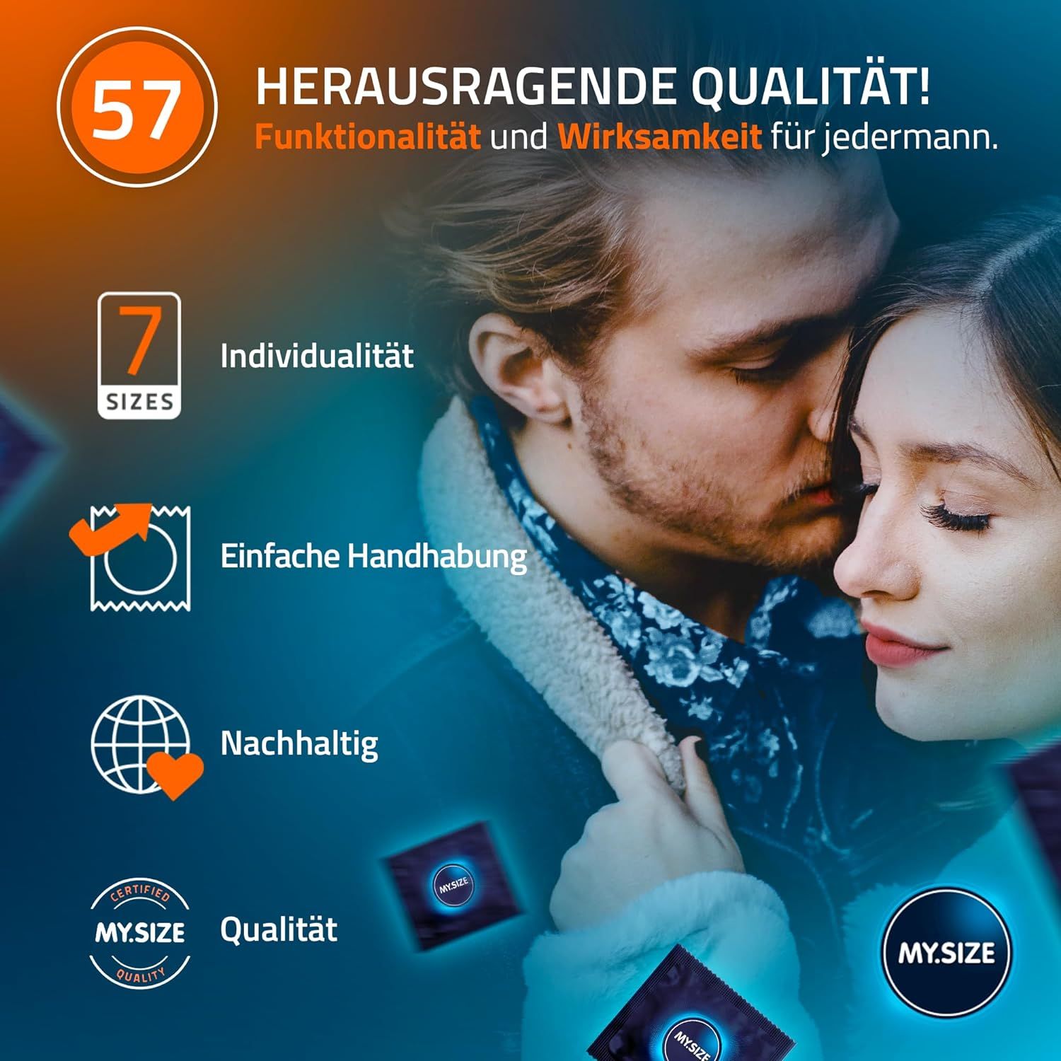 Publicité avec un couple et des préservatifs. Texte : 7 tailles, manipulation facile, durable, qualité MY.SIZE. Logo MY.SIZE.