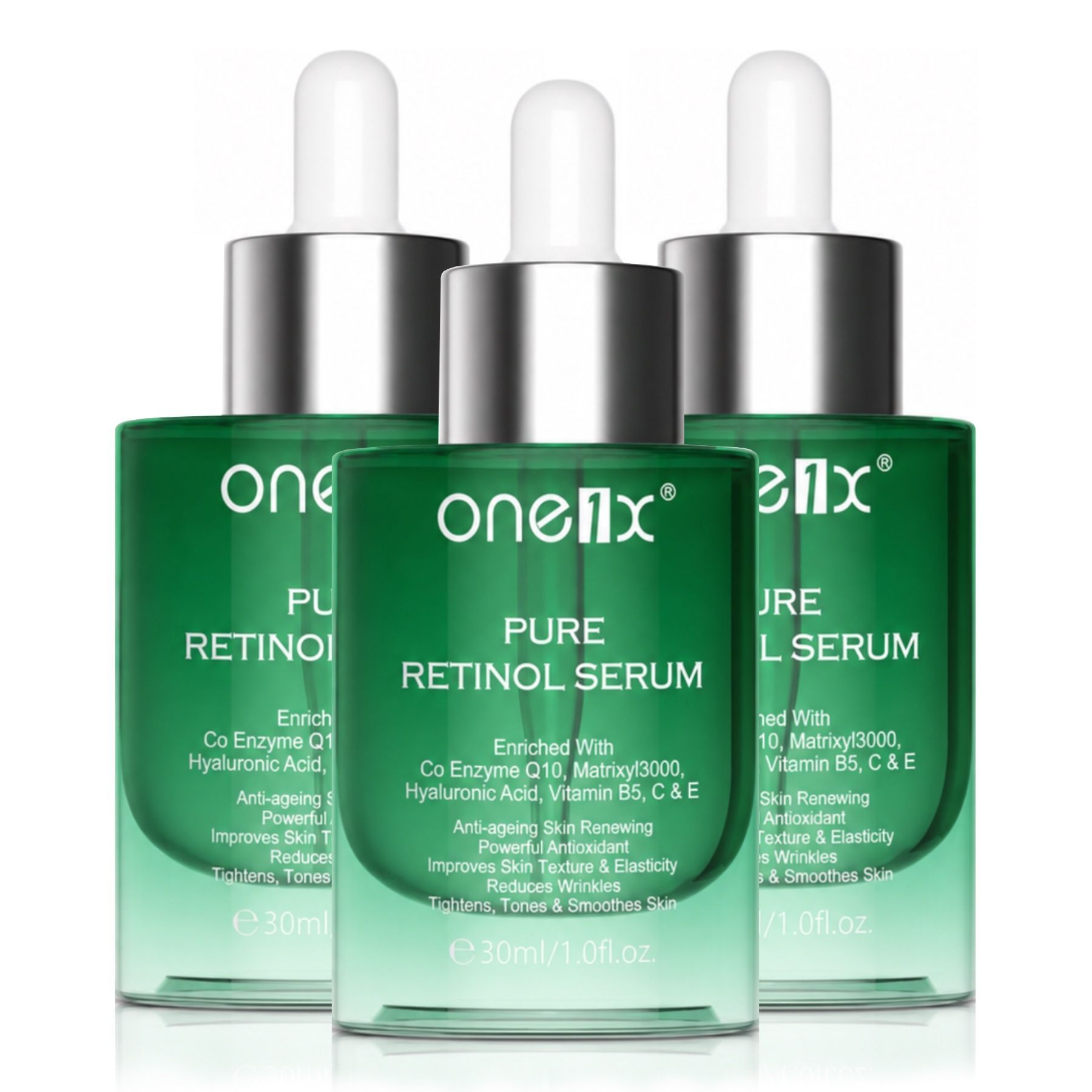 Trois flacons en verre verts avec compte-gouttes pour sérum au rétinol, 30ml chacun.