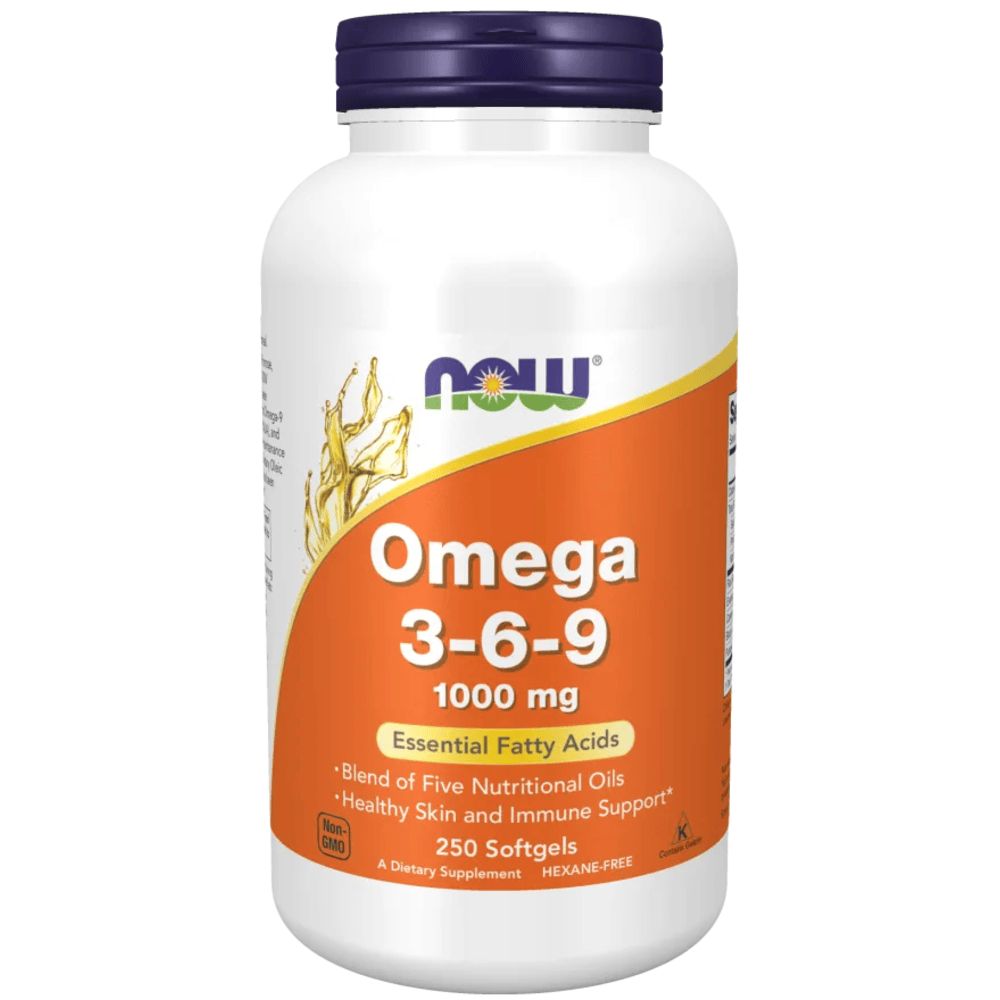 Witte fles met oranje etiket. Opschrift: Omega 3-6-9, 1000 mg, 250 softgels. Merk: NOW.