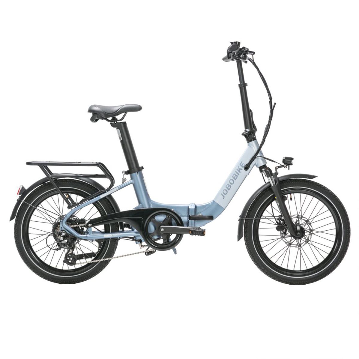 JOBOBIKE Ace Pro e-bike, lichtgrijs. Zwarte banden, bagagerek, zadel en stuur. JOBOBIKE-opschrift.