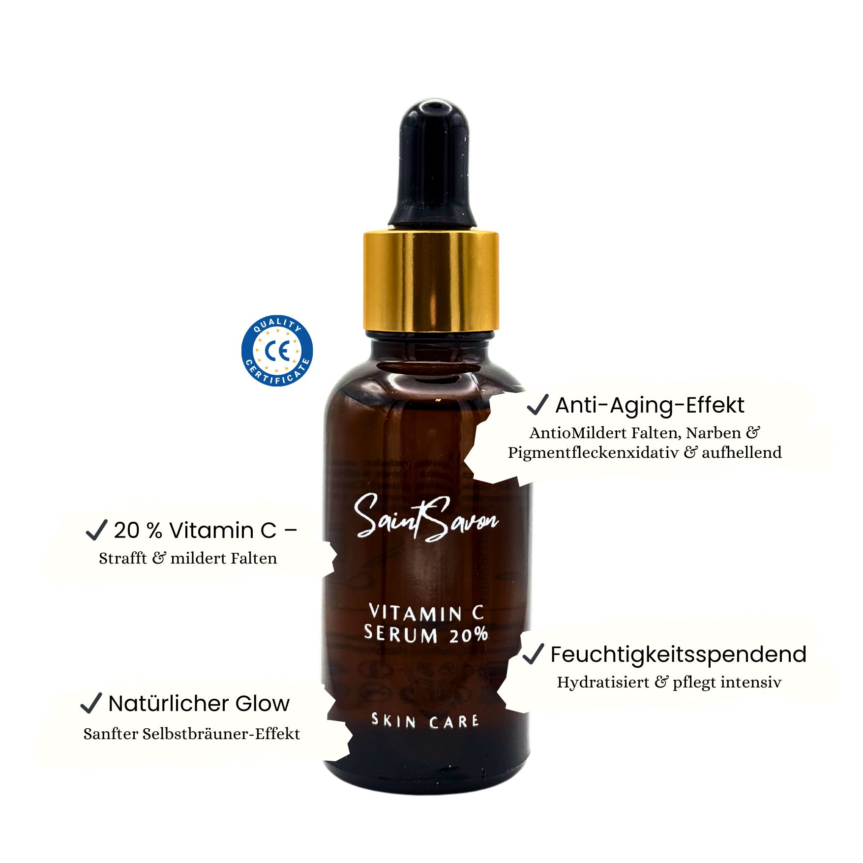Bruine glazen fles met gouden pipet. Opschrift: Saint Savon Vitamin C Serum 20% Skin Care. Met certificaat.