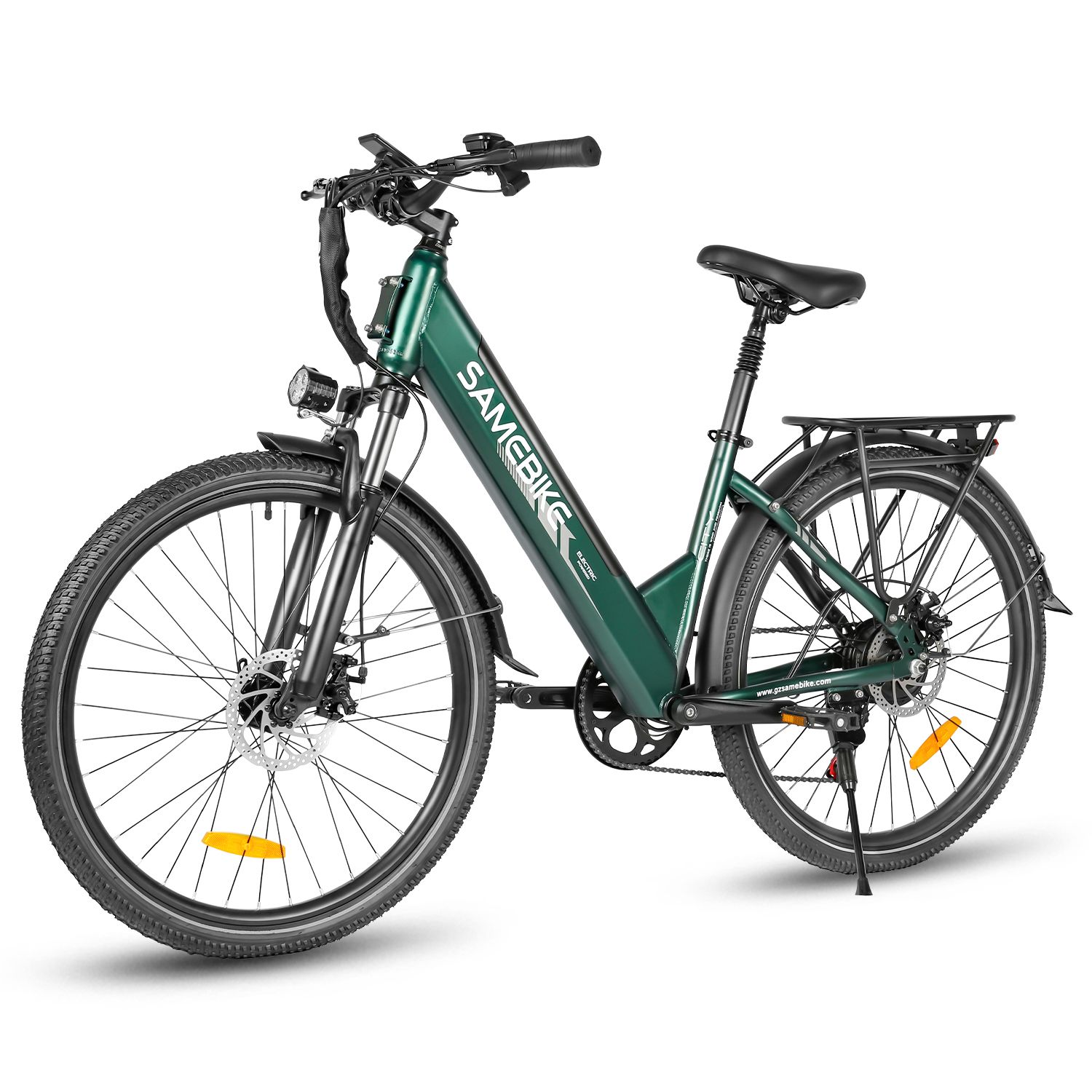 Vélo électrique vert. Marque SAMEBIKE. Pneus noirs, porte-bagages, phare. Batterie 36V 15Ah.