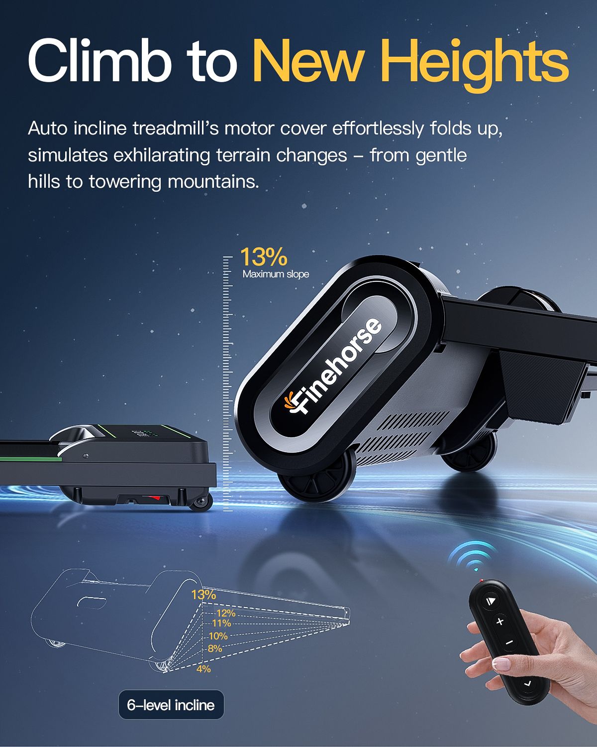 Tapis roulant avec inclinaison à 6 niveaux. Texte: Climb to New Heights. Marque Finehorse. Télécommande. 13% pente maximale.