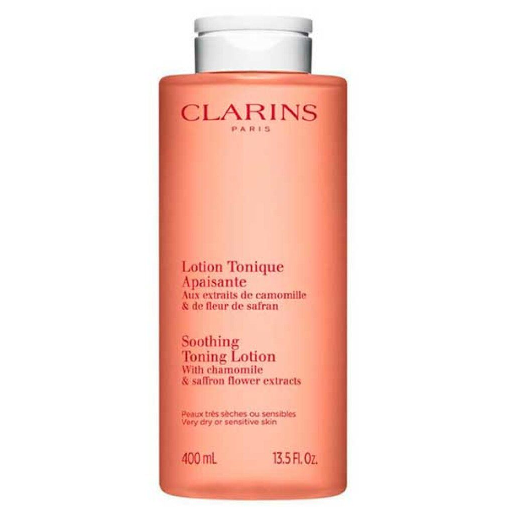 Flacon rose avec bouchon blanc. Texte: Clarins, Lotion Tonique Apaisante, Soothing Toning Lotion. 400 ml, 13.5 Fl. Oz.