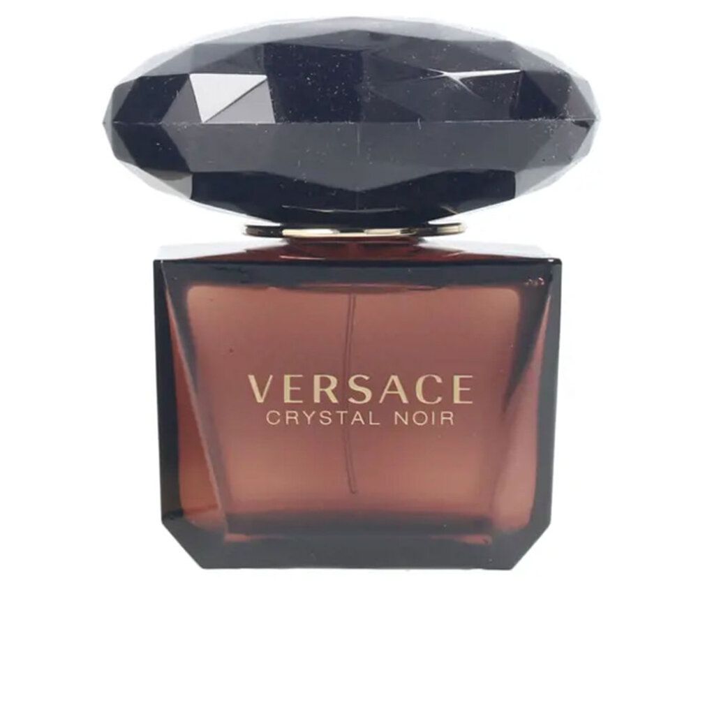 Versace Crystal Noir fles. Vierkante bruin-paarse glazen fles met zwarte facetdeksel. Gouden belettering.