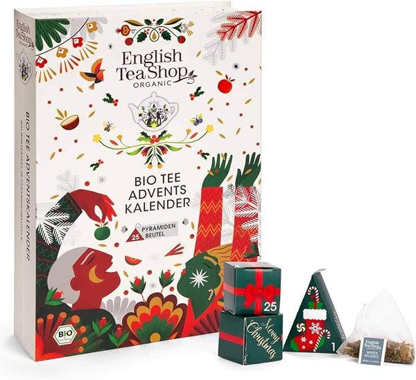 Adventskalender met thee en geschenkdozen. Witte doos met illustraties en tekst. Logo: English Tea Shop Organic. Opschrift: BIO Tee Adventskalender.