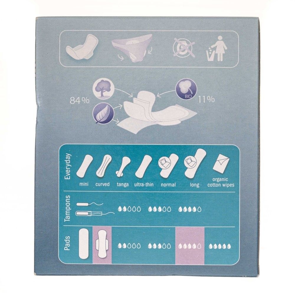 Diagramme d'emballage montrant divers produits d'hygiène féminine tels que protège-slips, tampons et serviettes dans différentes tailles et styles.
