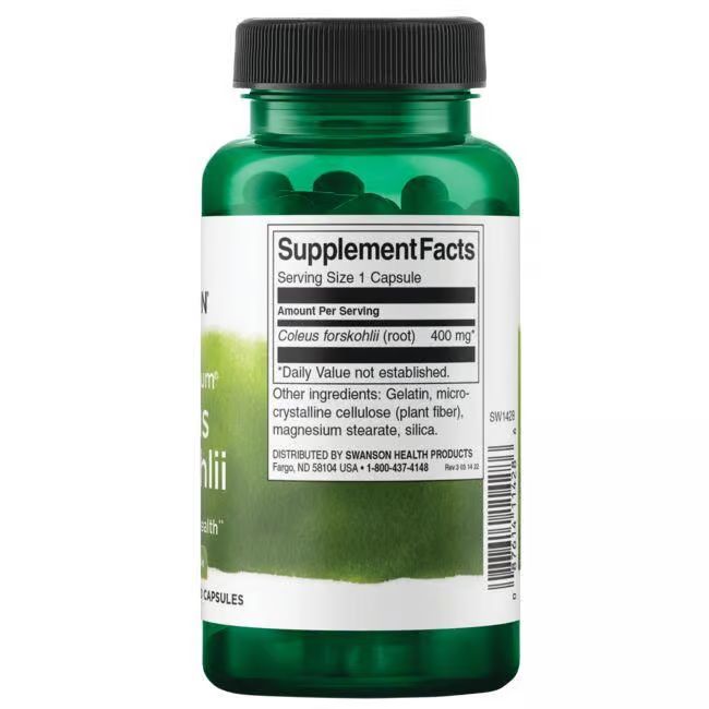 Achterkant van een groene fles met capsules. Opschrift: Supplement Facts. Coleus forskohlii (wortel) 400 mg. Andere ingrediënten.