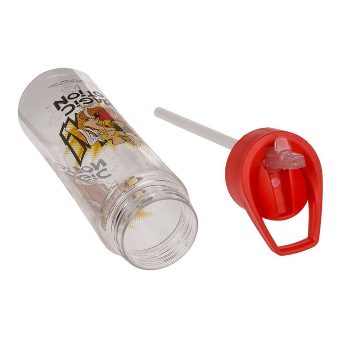 Transparante drinkfles met rode dop en rietje. Opdruk: stripfiguur en tekst "Magic Potion".