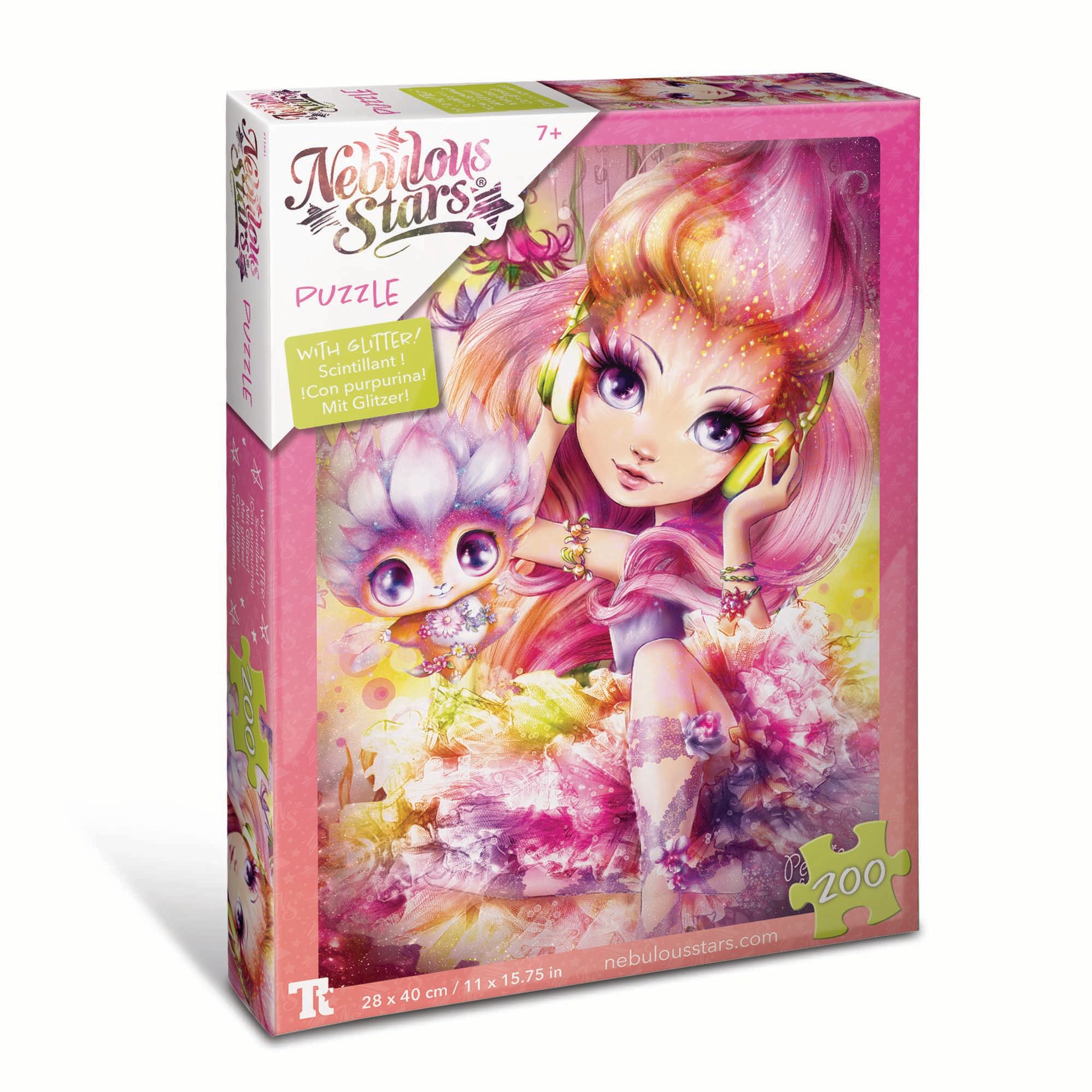 Puzzeldoos met illustratie. Nebulous Stars logo. 200 stukjes. Roze en veelkleurig. 28 x 40 cm.
