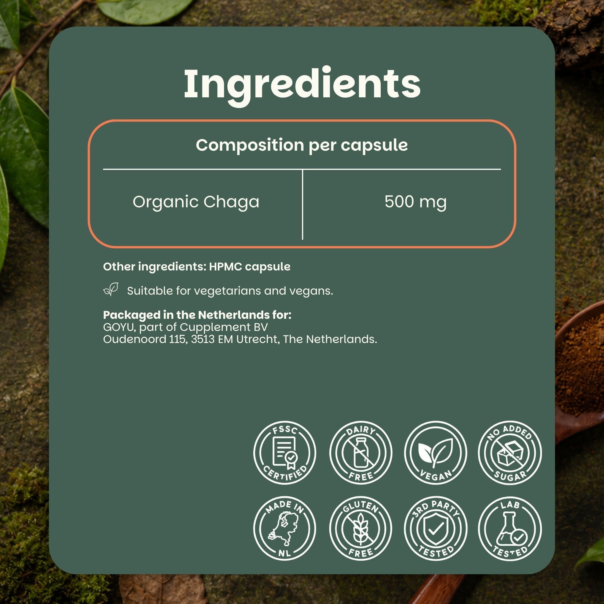 Poudre de Chaga GOYU en emballage kraft durable. Testé indépendamment, sans additifs, passe dans la boîte aux lettres.