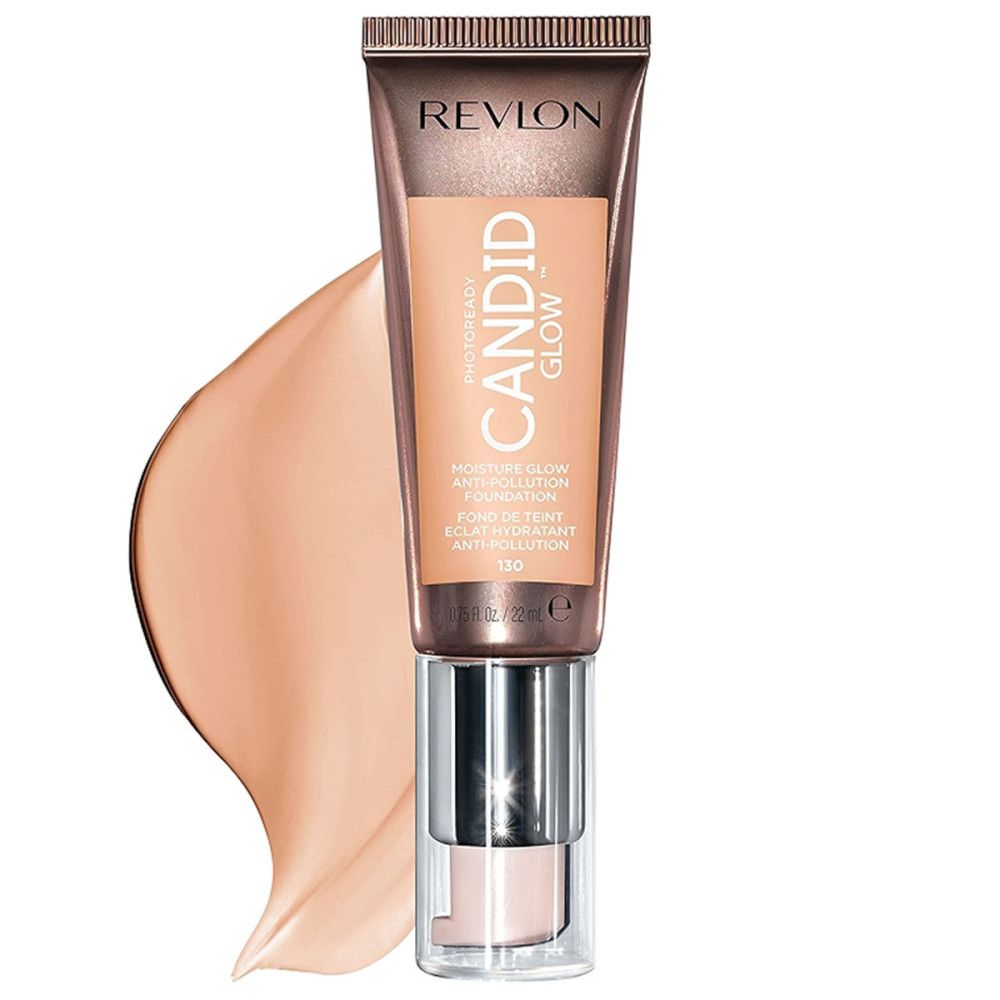 Revlon PhotoReady Candid Glow Foundation. Tube met product en veeg. Tekst: CANDID GLOW, Moisture Glow Anti-Pollution.