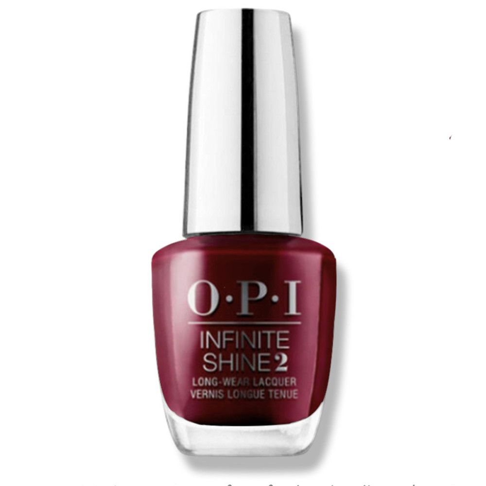 Flacon de vernis à ongles OPI Infinite Shine 2, bouchon argenté. Vernis à ongles rouge foncé.