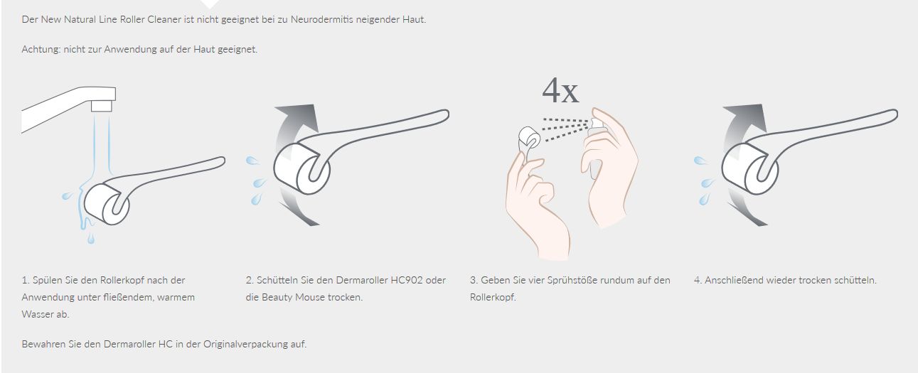 Illustraties voor het gebruik van de Roller Cleaner. Stappen: spoelen, spuiten, drogen. Tekst: De New Natural Line Roller Cleaner is niet geschikt voor neurodermitis huid.