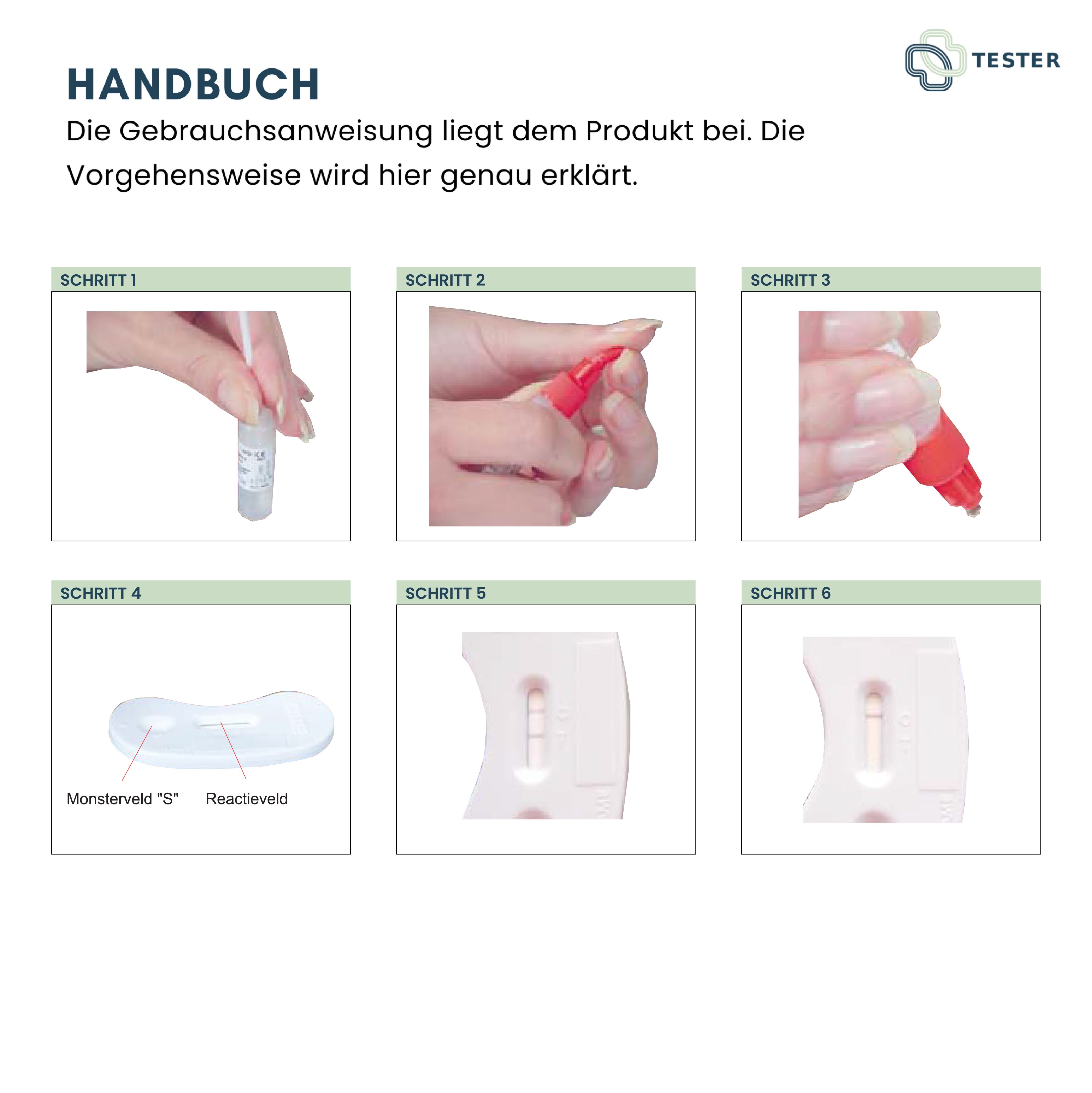 Instructions pour effectuer l'autotest de la chlamydia. Six étapes sont illustrées, en commençant par le prélèvement de l'échantillon.