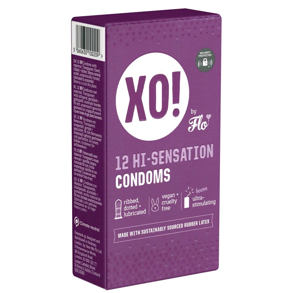 Boîte violette "XO!" avec "12 HI-SENSATION CONDOMS". Présente des préservatifs nervurés, à picots et lubrifiés. Vegan et sans cruauté.