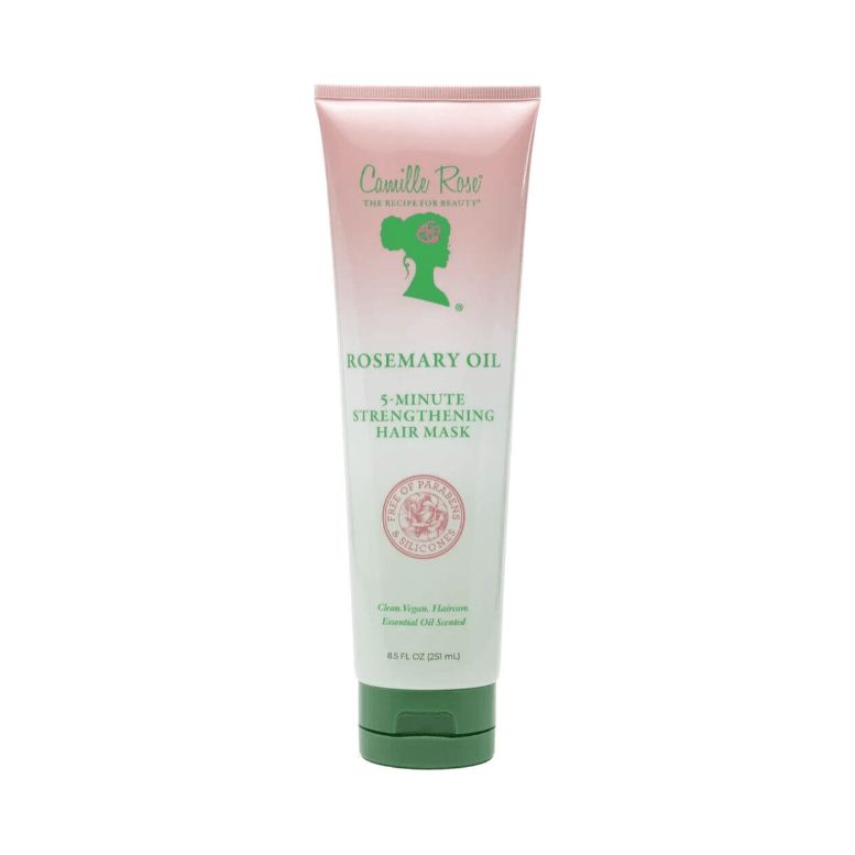Tube haarmasker. Roze-wit ontwerp met groen logo en tekst. "Rosemary Oil 5-Minute Strengthening Hair Mask".