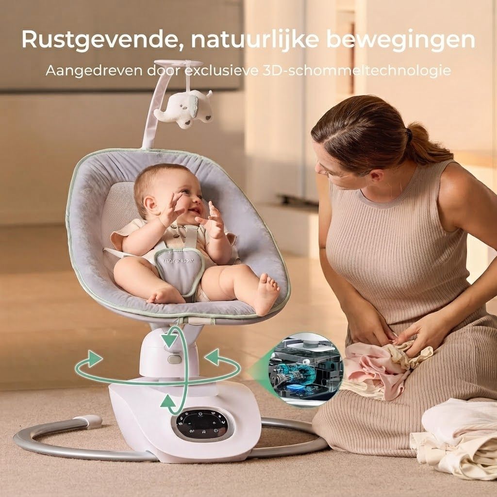 Babywipper met baby en moeder. Toont 3D-schommeltechnologie.