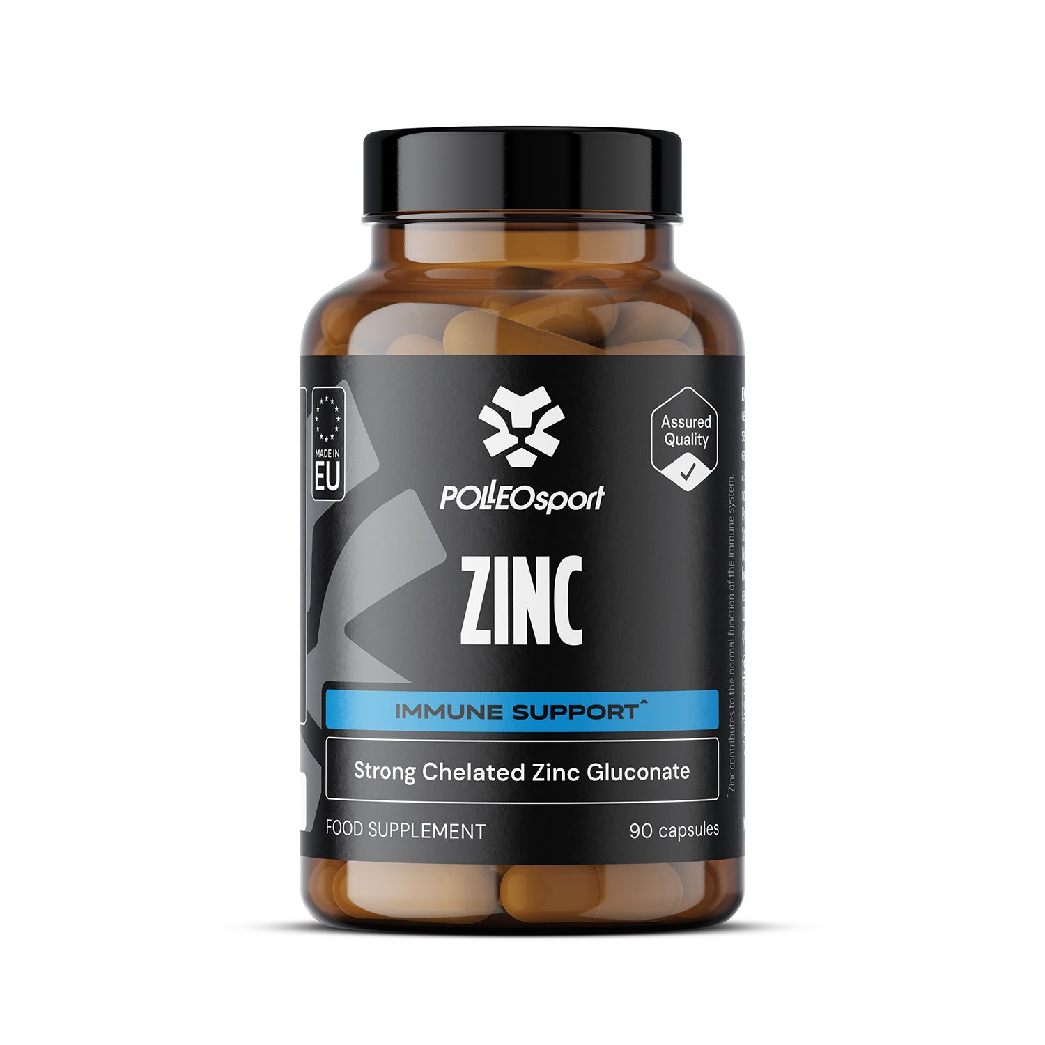 Flacon brun avec bouchon noir et étiquette. Inscription : Zinc, Immune Support. 90 gélules. Certification UE.