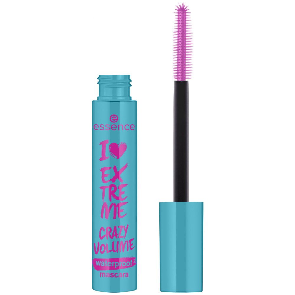Tube de mascara turquoise ouvert avec brosse. Brosse rose, manche noir. Inscription "I Love Extreme Crazy Volume".