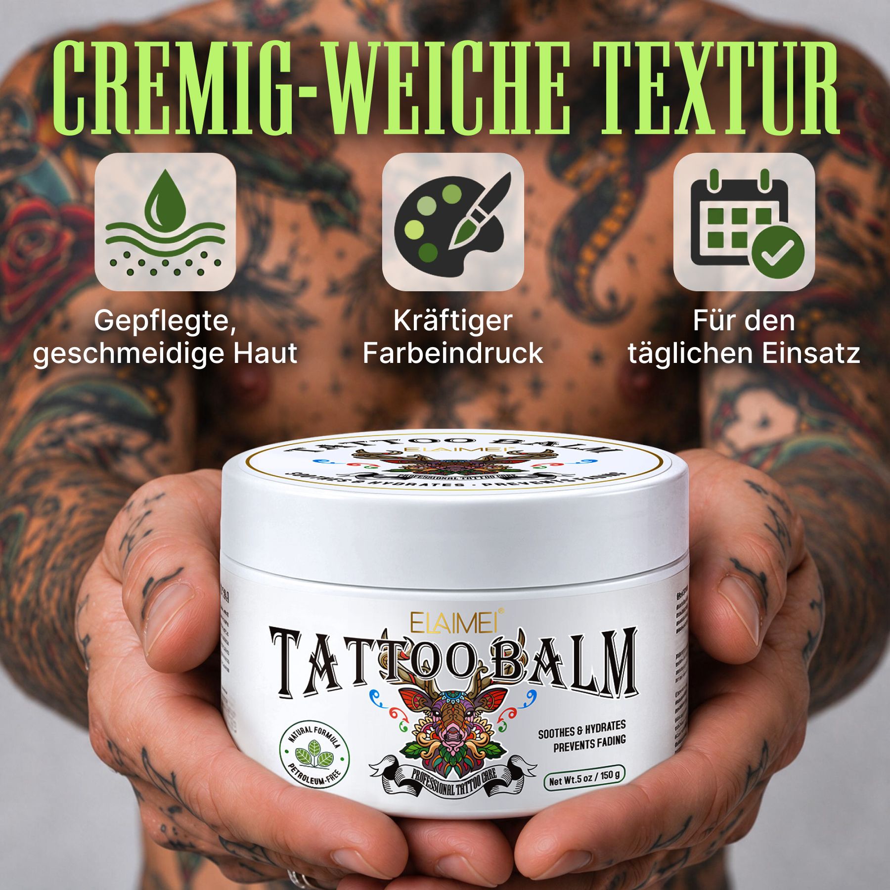 ELAIMEI Tattoo Balm in een wit potje, vastgehouden door getatoeëerde handen.
