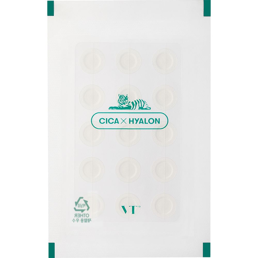 Transparante verpakking met ronde pleisters. Logo: CICA x HYALON. Logo: VT. Groene rand.