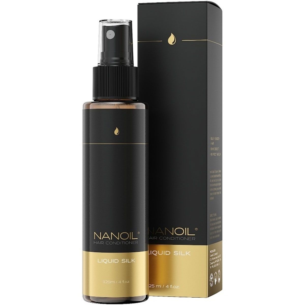 Nanoil Liquid Silk Hair Conditioner dans un flacon pulvérisateur noir avec bande dorée et boîte.