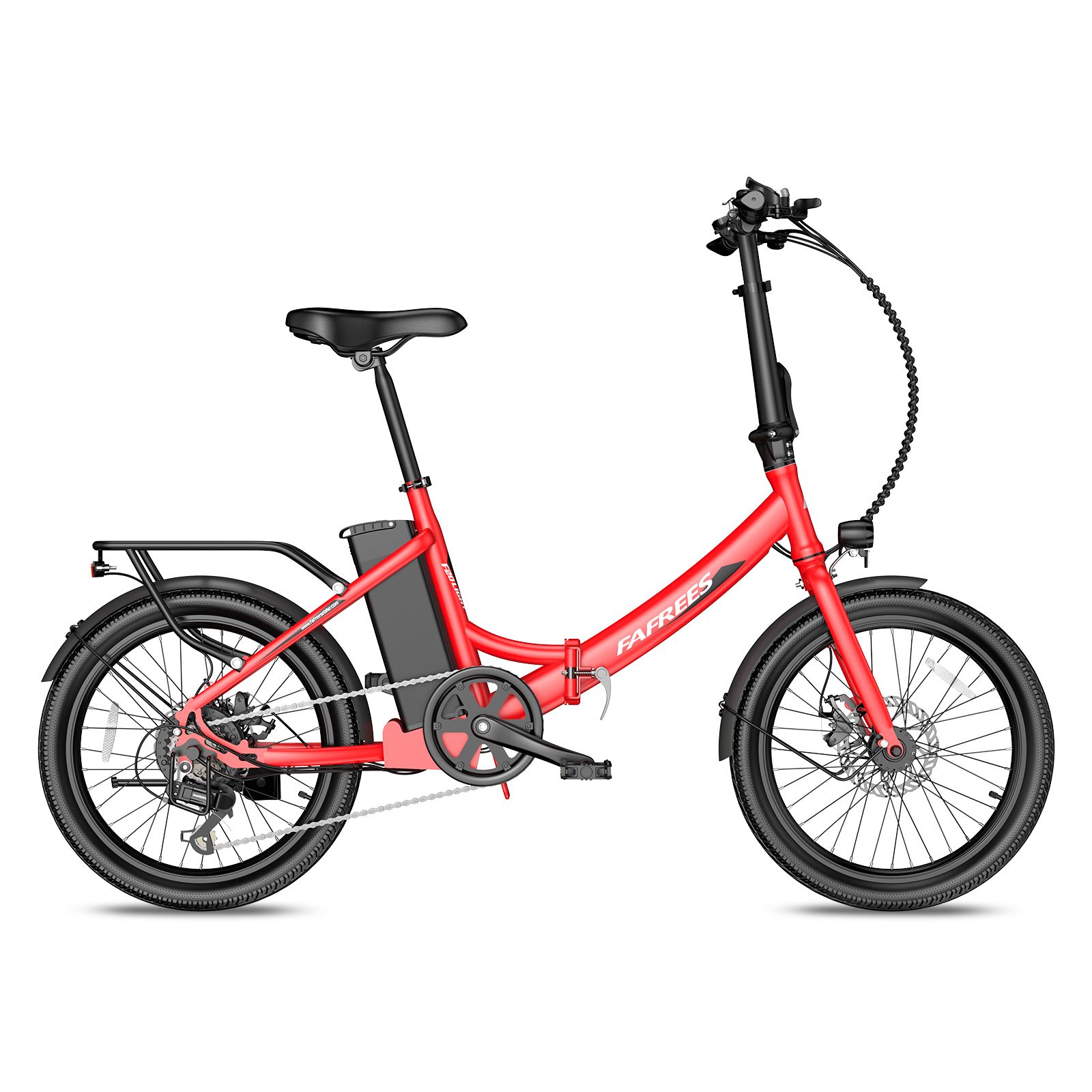 Rode Fafrees F20Light e-bike. Zwarte onderdelen, bagagedrager, spatborden. Zijaanzicht.