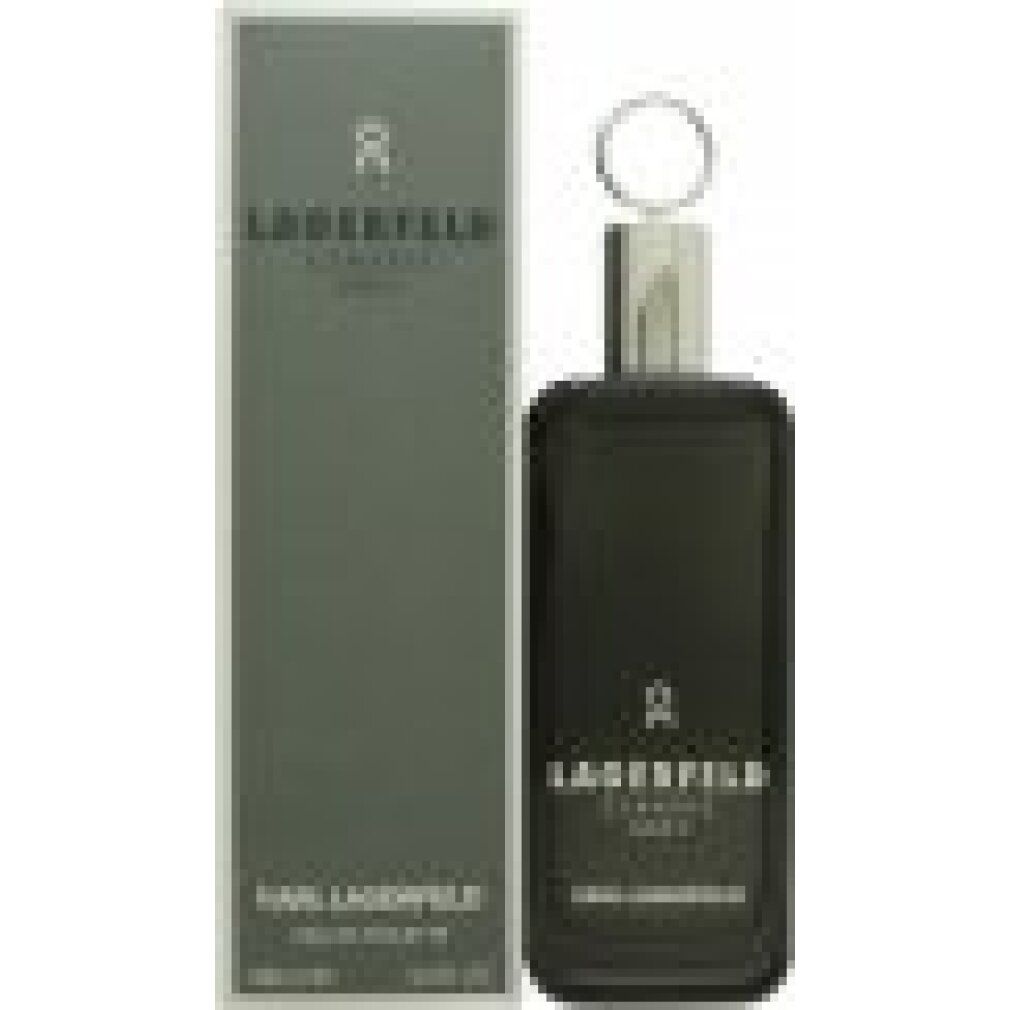 Grijze flacon naast grijze verpakking. Opschrift: LAGERFELD CLASSIC GREY. Merk: KARL LAGERFELD. Tekst: Eau de Toilette.
