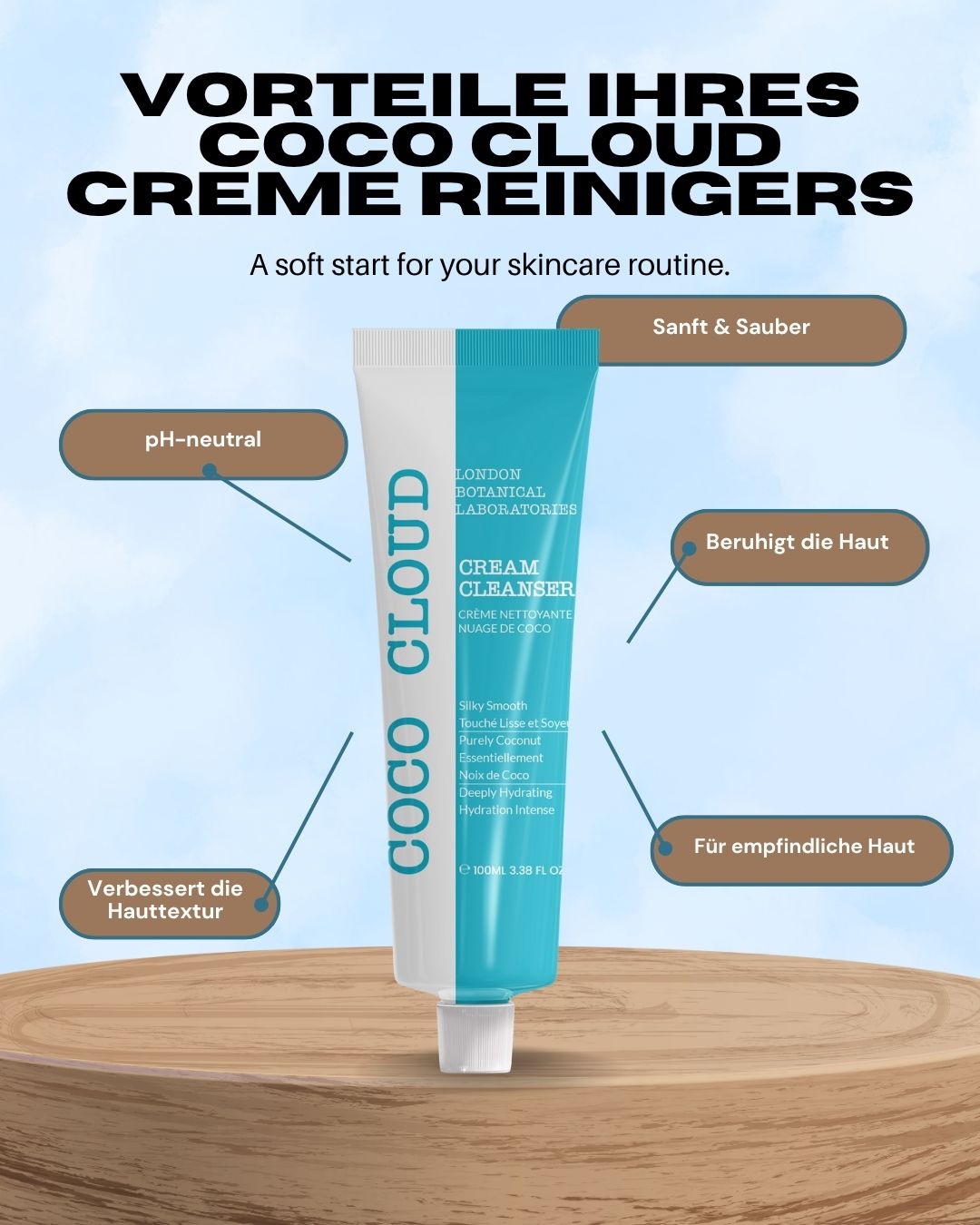Tube bleu et blanc. Inscriptions : Coco Cloud, Cream Cleanser, London Botanical Laboratories. Texte en anglais et français. Inscription : Avantages de Coco Cloud.