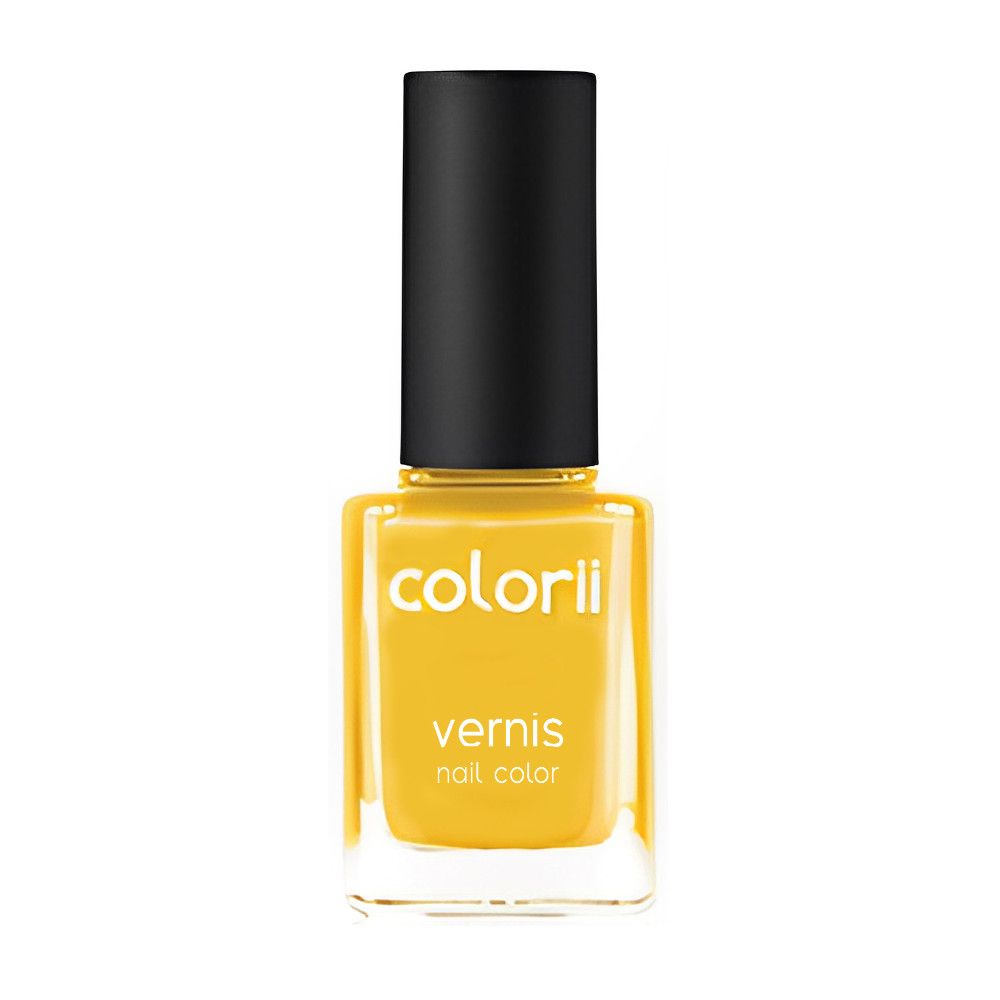 Vernis à ongles jaune en flacon carré en verre avec bouchon noir. Inscription : Colorii, Vernis, Nail Color.