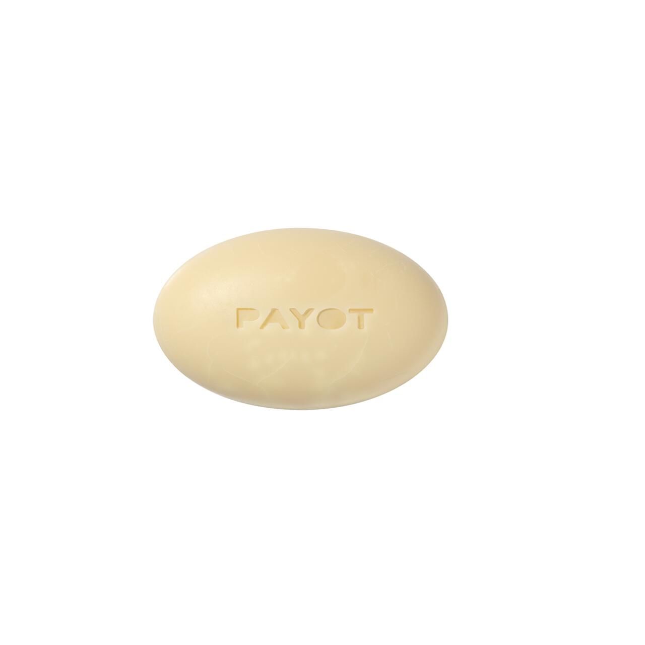 Ovale, beige blok met het woord PAYOT erin gedrukt.
