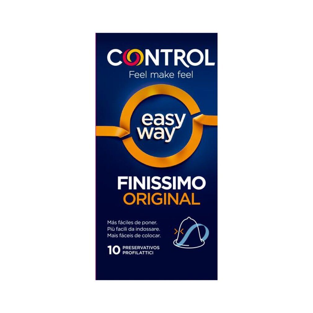 Avant d'une boîte de préservatifs Control Finissimo Original, 10 unités. Avec logo "easy way".